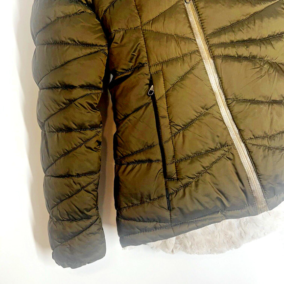 Steve Madden Womens Jacket Medium Glacier Quilted Puffer Olive Faux Fur Hooded - Picture 3 of 10